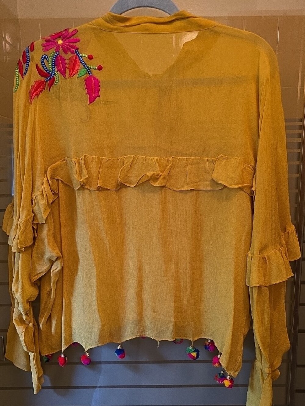 Embroidered Mustard Tie-Neck Ruffle Blouse - Picture 3 of 8